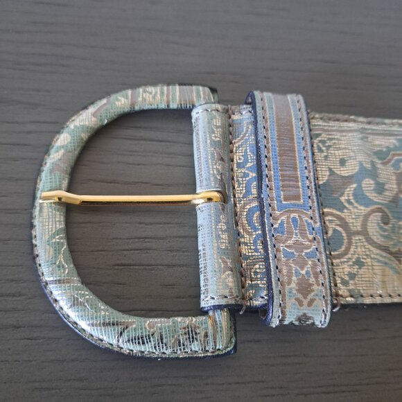 Gianfranco Ferre Italy Wide Belt Turquoise Leather Metallic Paisley Vintage 90s main image 7